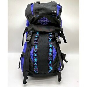 Quest Vintage Internal Frame Backpack Blue Black Geometric Hiking Trekking 22in